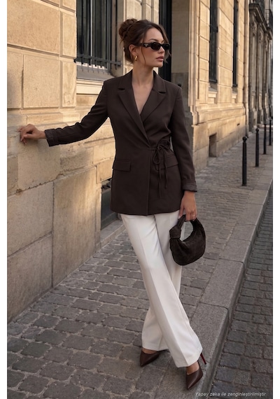 Lela Puantiye Astarlı Belden Bağlamalı Blazer Ceket Kadın Ceket 6524049 Kahve