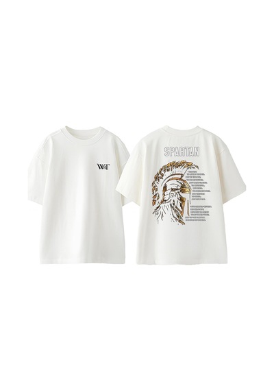 Thewert Spartan Kask Tasarım Sırt Baskılı Pamuk Beyaz Oversize T-shirt