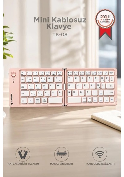 Cep Ekipman Tuş Kablosuz Klavye Bluetooth Katlanabilir Şarjlı Mini Klavye Tk08 Pembe