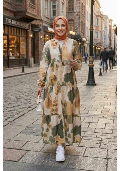 Hb Harma Time Butik Kadın Rahat Kesim Desenli Modal Kumaş Haki Elbise Haki Haki