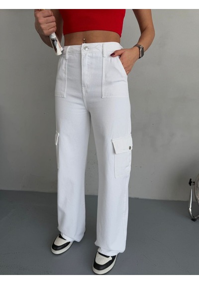 Gabardin Pantolon Wide-leg Fit Yüksek Bel Kargo Cepli Beyaz