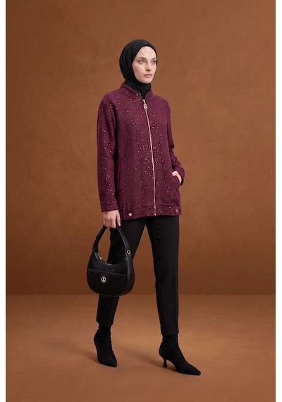 Armine Trend Fermuar Detaylı Taş Süslemeli Cepli Uzun Ceket Modern Şık Günlük Tesettür Dış Giyim Bordo 25kt507