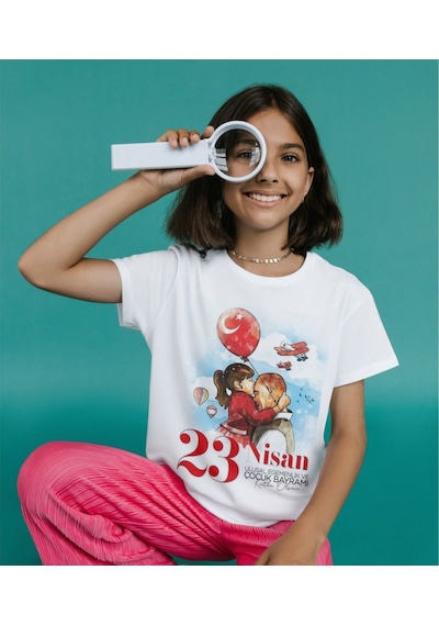 Alpşan Ticaret 23 Nisan Bayram Baskılı Çocuk Yetişkin Beyaz Tshirt Beyaz
