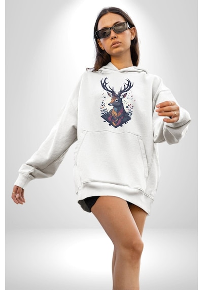 Geyik Kafası Yapraklar Kadın Erkek Beyaz Kapüşonlu Sweatshirt Hoodie Beyaz