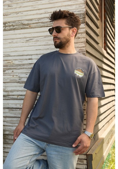 Velvoria Unisex Oversize Relaxed Home Is Where Baskılı Antrasit Renk T-shirt