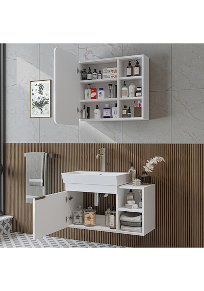 Likya Tek Kapaklı Lavabolu 82 Cm Banyo Alt Dolabı + Üst Dolabı, Lavabolu Mdflam Banyo Dolabı Takımı Beyaz