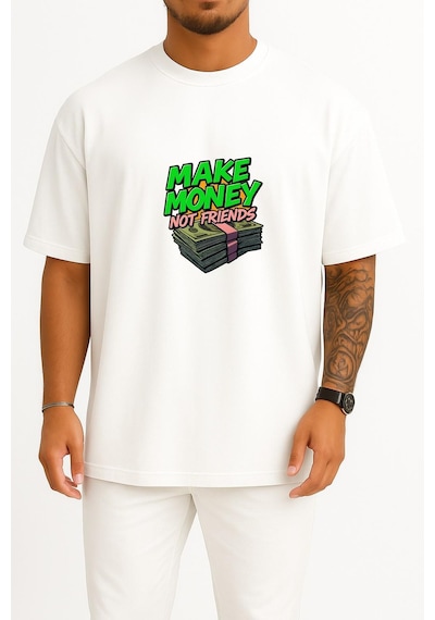 Bahriyeli Collection Oversize Para Kazan Arkadaş Değil Göğüs Baskılı Unisex T-shirt Beyaz