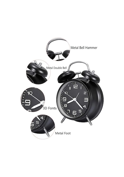 Valkyrie Sessiz Akar Saniyeli 16cm Alarm Masa Çalar Saat Yüksek Zil Sesi Büyük Boy Siyah