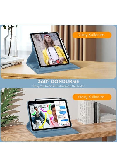 Apple 11 İnç İpad A16 / İpad Air 10.9 İnç/ipad 10.nesil 10.9 Wi-fi Yatay Ve Dikey Standlı 360 Derece Döner Tablet Kılıfı Mavi