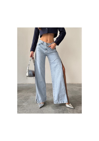 Blue Marlın Yan Fermuarlı Uzun Boyfriend Bol Paça Jeans Buz Kar