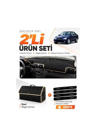 E-biz Mercedes W203 C-class 2000-2007 Uyumlu Torpido Örtüsü + Deri Çanta - Siyah-bej - Mb005