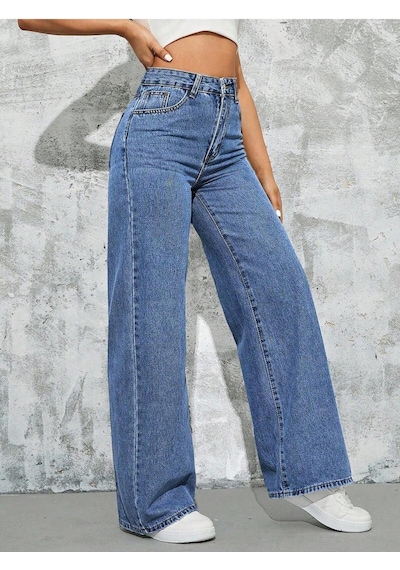 Palazzo Pantolon Orta Mavi Yüksek Bel Geniş Paça Bol Kesim Premium Jeans Orta Mavi