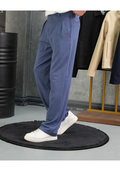 Modefendi Baggy Kalıp Pile Detaylı Kumaş Pantolon İndigo