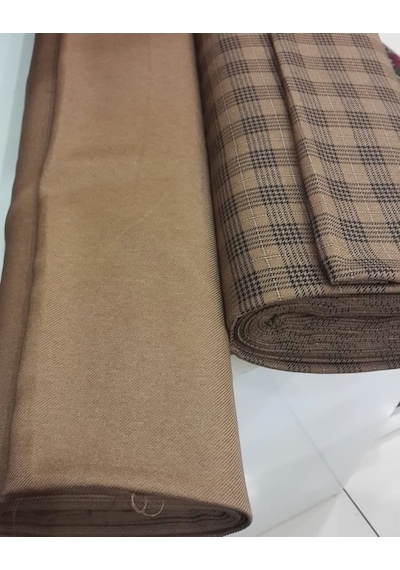 Karmen Ekose Ve Düz Kombin Kışlık Etek Takım Ceket Kumaşı Camel