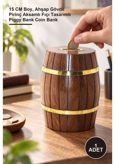 1 Adet Pirinç Ahşap Fıçı Kumbara 15 Cm Boy, Ahşap Gövde Pirinç Aksamlı Fıçı Tasarımlı Piggy Bank Coin Bank