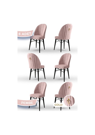 Canisa Ritim Serisi, 1.sınıf Babyface Kumaş, 6 Adet Pembe Sandalye, Siyah Gürgen Ayak, Gold Halkalı Sandalye Pembe Ayaklar Siyah