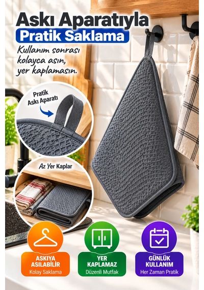 Gri Bez Mikrotex Bulaşık Kurutma Matı 45x36 Cm Süper Emici Katlanabilir Tezgah Üstü Kurutma Matı