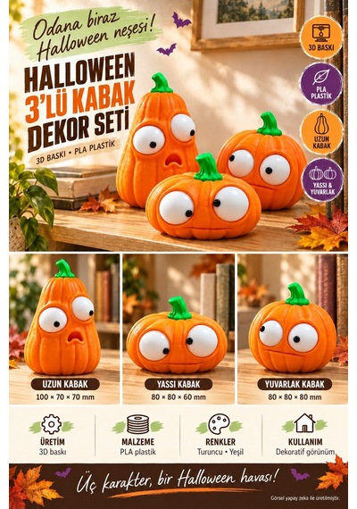 Hareketli Gözlü 3 Lü Halloween Kabak Dekor Seti Pla 3d Baskı