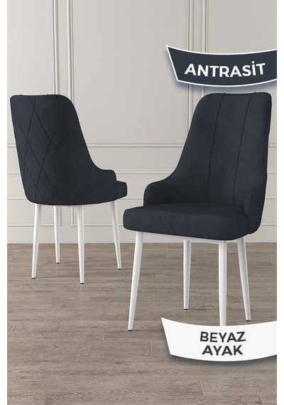 Canisa Trex Serisi, 1.sınıf Babyface Kumaş, Beyaz Metal Ayak, 8 Adet Antrasit Sandalye, Sandalye Antrasit Ayakları Beyaz