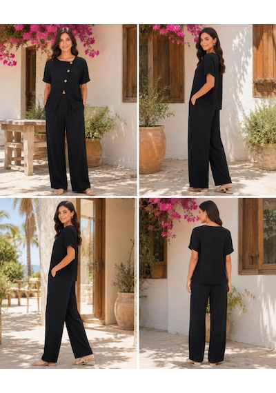 Alyn Wear Kadın Kısa Kollu Asimetrik Kesim Detaylı Düğmeli Bürümcük Bluz Ve Pantolon Ikili Takım Siyah