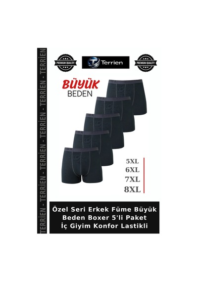 Terrien Özel Seri Erkek Füme Büyük Beden Boxer 5'li Paket İç Giyim Konfor Lastikli