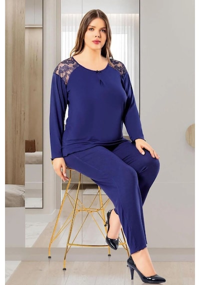 Faal 8805 Kadın Büyük Beden Uzun Kollu Dantel Detaylı Pijama Takım-lacivert Lacivert