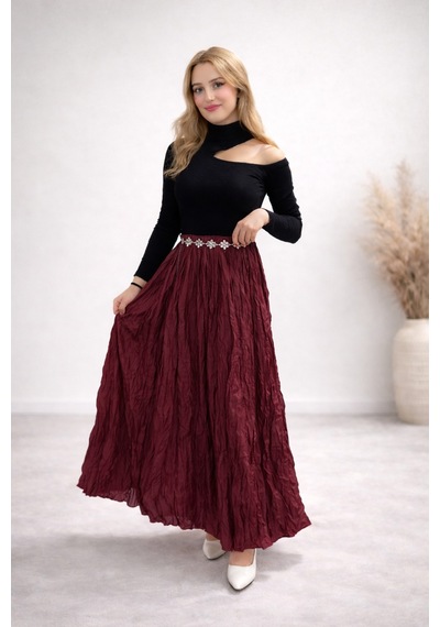 Bordo Crush Kırışık Uzun Etek Bordo
