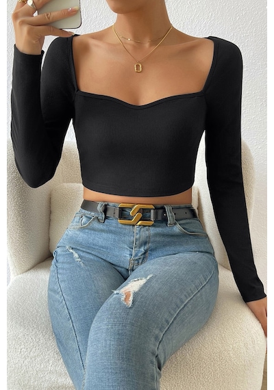 Angbutik Kadın Siyah Uzun Kol Göğüs Dekolteli Şık Crop Top Bluz