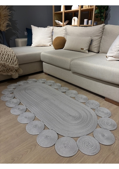 Mavaux Oval Papatya Hasır Jüt Çiçek Desenli Kilim Halı Gri