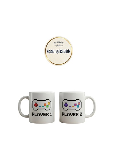 Player 1 Player 2 Oyun Temalı Çift Kupa Seti - Gamer Sevgili Arkadaş Kupası 2 Li Seramik Kupa Çok Renkli