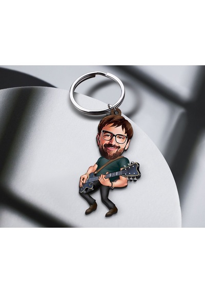 Bk Gift Kişiye Özel Gitarist Karikatürlü Ahşap Anahtarlık-1 Sevgiliye Hediye, Arkadaşa Hediye, Doğum Günü Hediyesi