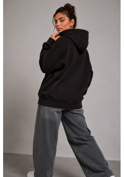 Bb Butik Basic Kadın Oversize Fermuarlı Kapüşonlu Sweatshirt Üç İplik Sweatshirt Hırka My3535 siyah