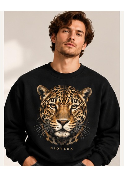 Gıovera Jaguar Premium Oversize Erkek Sweatshirt %100 Pamuk Siyah