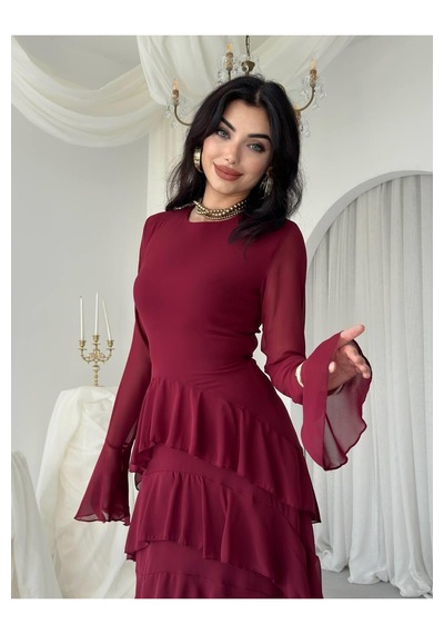 Nils Butik Katlı Şifon Detaylı Uzun Abiye Elbise Bordo
