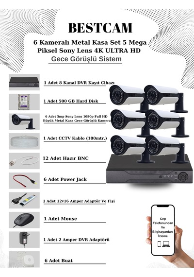 6 Kameralı Metal Kasa Set 5 Mp Sony Lensli 4k Ultra Hd 500 Gb Hdd
