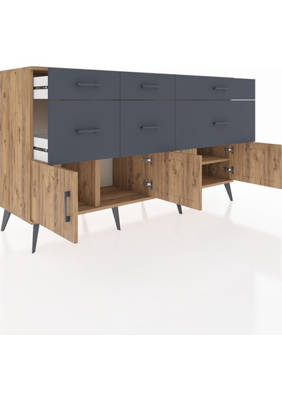 Kronos Konsol Tek Raflı 6 Çekmeceli 4 Kapaklı 176x59x99 Çam-çam/a Çam-çam/antrasit