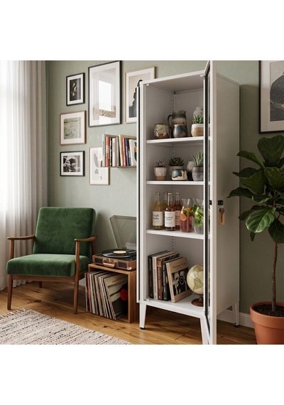 Alfahome Ziglat Serisi Cam Kapaklı Kilitli Metal Home Office Dolabı Beyaz Ral 9003 450x1390x450 Mm