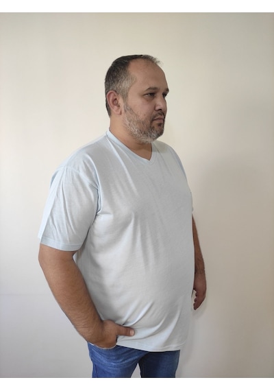 Big Nona Erkek Büyük Beden Unisex T-shirt V Yaka Buz Mavisi Buz Mavi