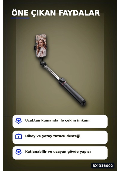 Bluetooth Selfie Çubuğu Led Işıklı Katlanabilir 130 Cm Uzaktan Kumandalı Bx-316002 diğer