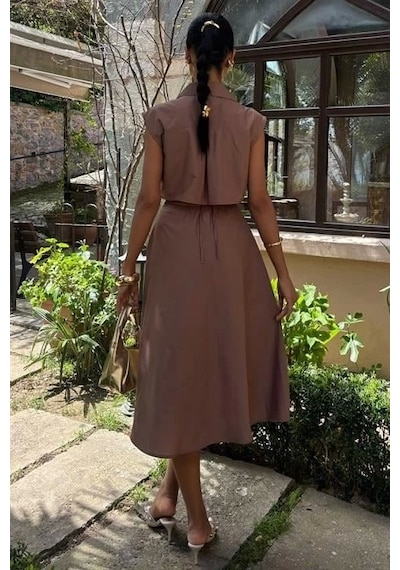 Defymoda Göbeği Halka Detaylı Midi Boy Elbise 2896 Kahverengi