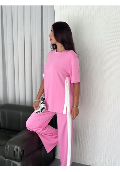 Elaxi Modal Şeritli Yırtmaç Detaylı Pantolon Tişort Takım Pembe