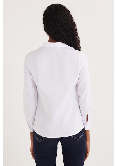 Tudors Kadın Slim Fit Dar Kesim Uzun Kollu Pamuklu Vücuda Oturan Dokulu Beyaz Basic Gömlek-35317 Beyaz