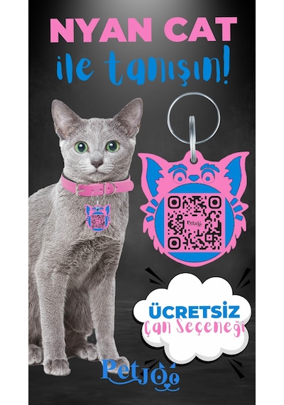 Petjoo 2.Nyan Cat Mavi-Pembe Qr'lı Kedi Künyesi