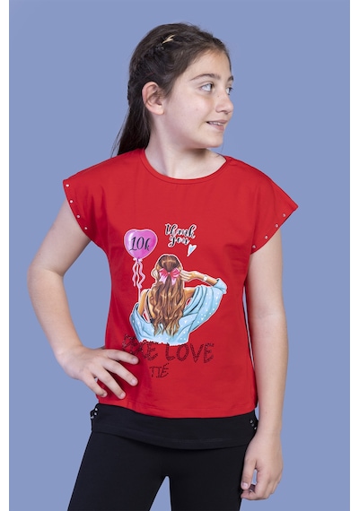 Toontoy Kids Toontoy Kız Çocuk Garni Detaylı Taş İşlemeli Baskılı Tişört Kırmızı