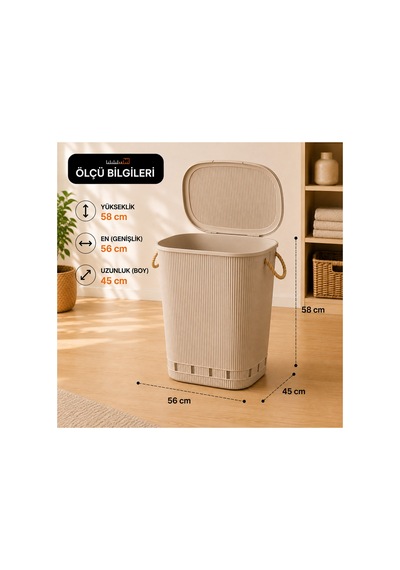 Liva Çamaşır Sepeti Seti 65 L Kapaklı Kirli Sepeti + 40 L Çamaşır Selesi Halat Tutmalı Çamaşır Sepeti Bej - 916199009 Bej