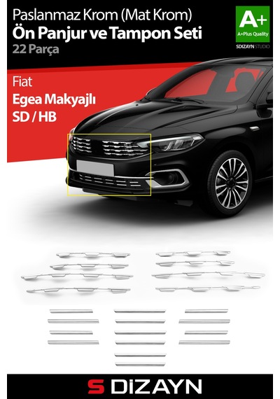 S-dizayn Fiat Egea Krom Ön Panjur Ve Tampon Çıta Seti Diamond Model 22 Prç. 2020 Üzeri Mat Krom