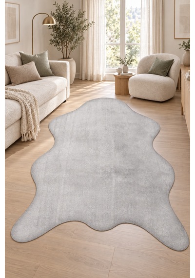 Rokan Peluş Post Şeklinde Gri Halı Salon Oturma Odası Antre Yumuşak Kaymaz Taban Yıkanabilir Modern Polyester Halı