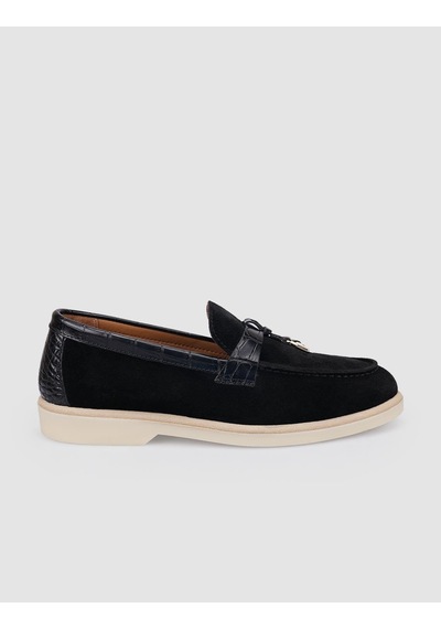 Hakiki Deri Siyah Süet Kadın Loafer Siyah