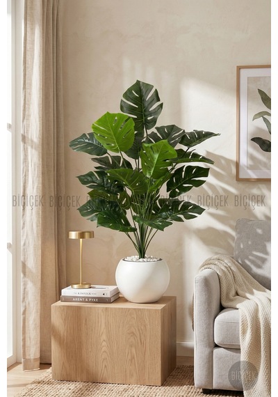 Biçiçek Yapay Monstera Deve Tabani Bi̇tki̇si̇ 65 Cm Beyaz Küre Saksıda