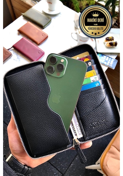 Leo Black Unisex Hakiki Deri Telefon Bölmeli Cüzdanı Siyah
